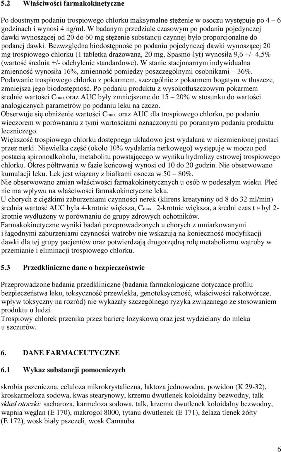 Bezwzględna biodostępność po podaniu pojedynczej dawki wynoszącej 20 mg trospiowego chlorku (1 tabletka drażowana, 20 mg, Spasmo-lyt) wynosiła 9,6 +/- 4,5% (wartość średnia +/- odchylenie