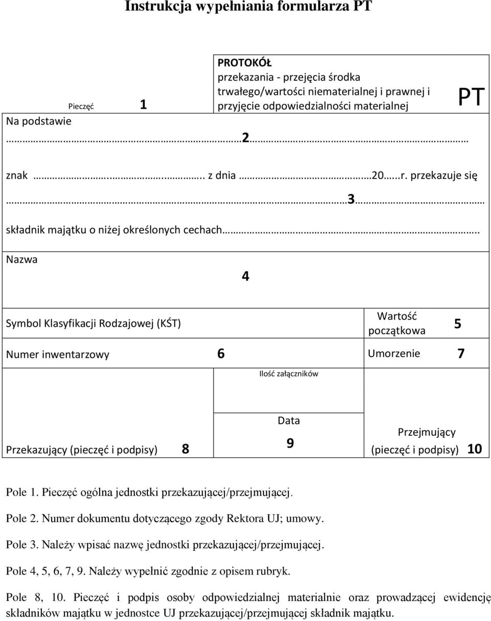 . Nazwa 4 Symbol Klasyfikacji Rodzajowej (KŚT) Wartość początkowa 5 Numer inwentarzowy 6 Umorzenie 7 Ilość załączników Przekazujący (pieczęć i podpisy) 8 Data 9 Przejmujący (pieczęć i podpisy) 10