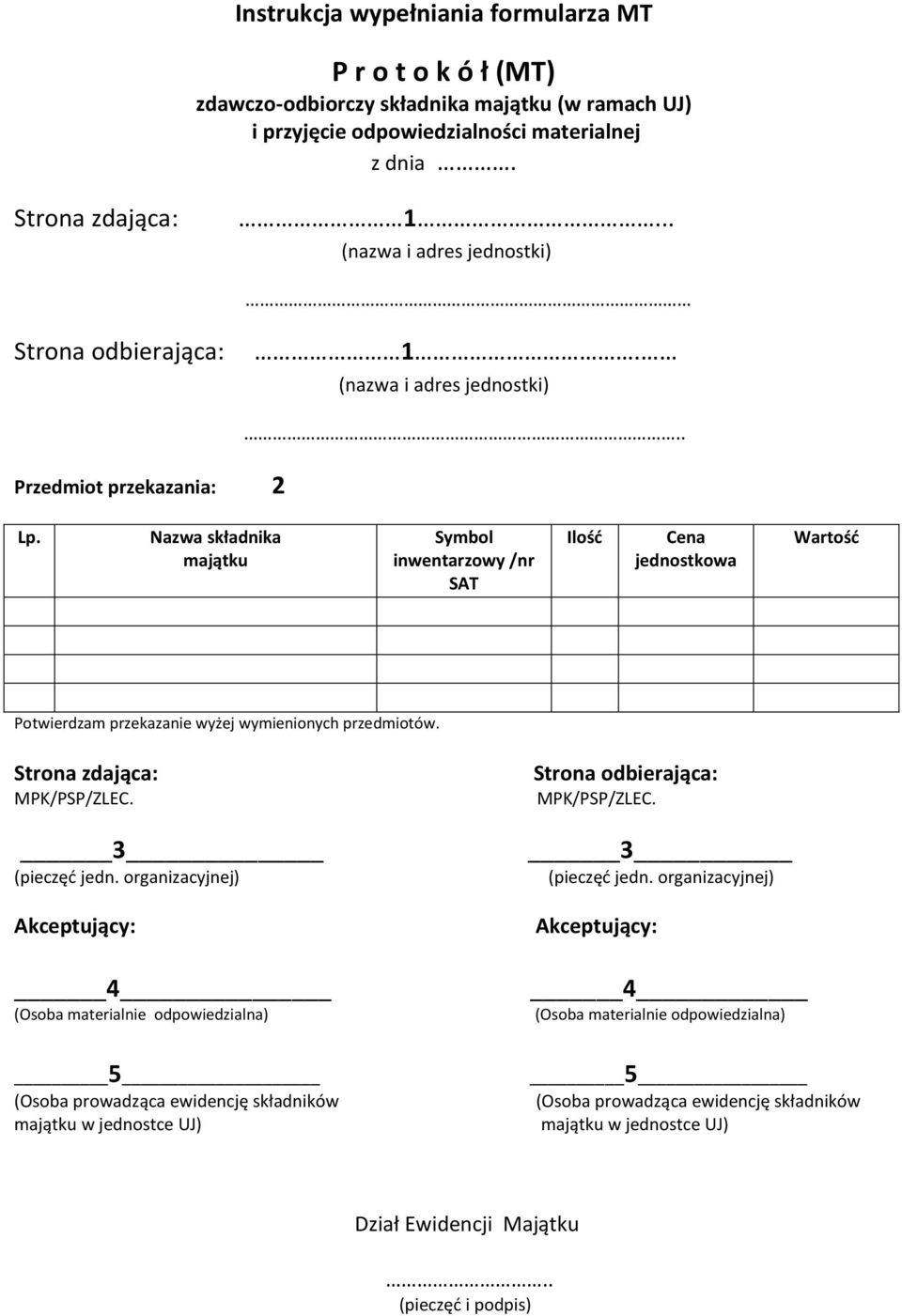 Nazwa składnika majątku Symbol inwentarzowy /nr SAT Ilość Cena jednostkowa Wartość Potwierdzam przekazanie wyżej wymienionych przedmiotów. Strona zdająca: MPK/PSP/ZLEC. 3 (pieczęć jedn.