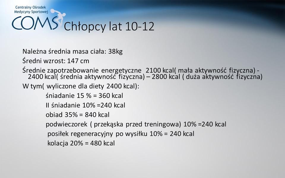 wyliczone dla diety 2400 kcal): śniadanie 15 % = 360 kcal II śniadanie 10% =240 kcal obiad 35% = 840 kcal