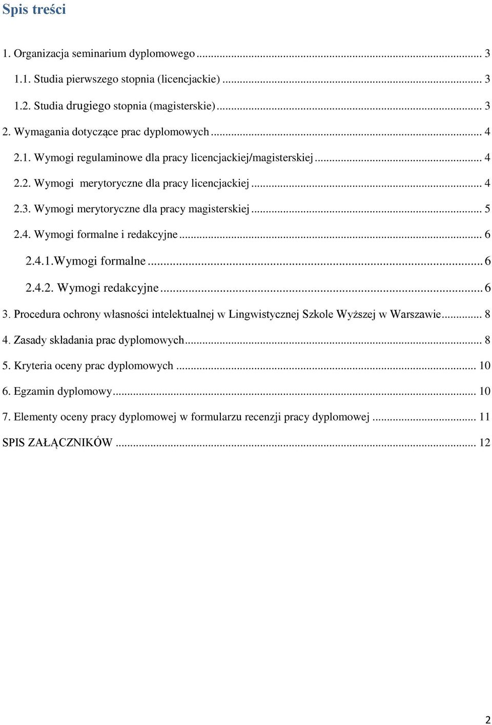 .. 6 2.4.1.Wymogi formalne... 6 2.4.2. Wymogi redakcyjne... 6 3. Procedura ochrony własności intelektualnej w Lingwistycznej Szkole Wyższej w Warszawie... 8 4. Zasady składania prac dyplomowych.
