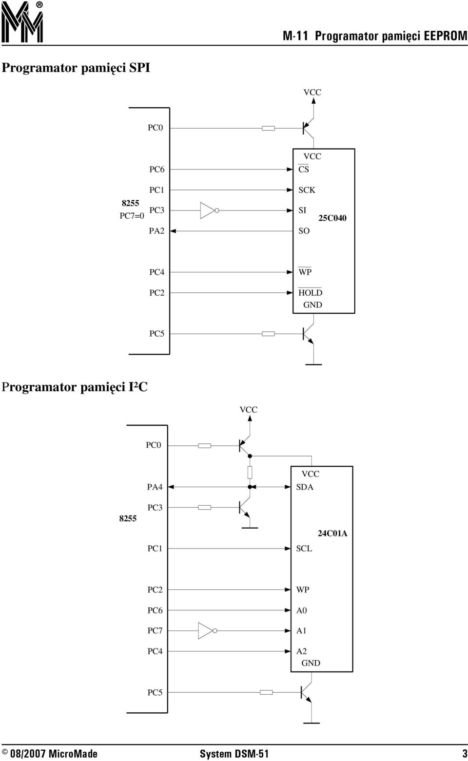 PC5 Programator pamięci I²C PC0 855 PA PC3 PC SDA C0A SCL
