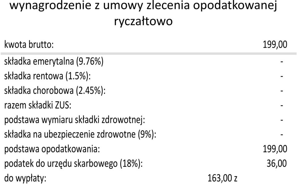 45%): - razem składki ZUS: - podstawa wymiaru składki zdrowotnej: - składka na