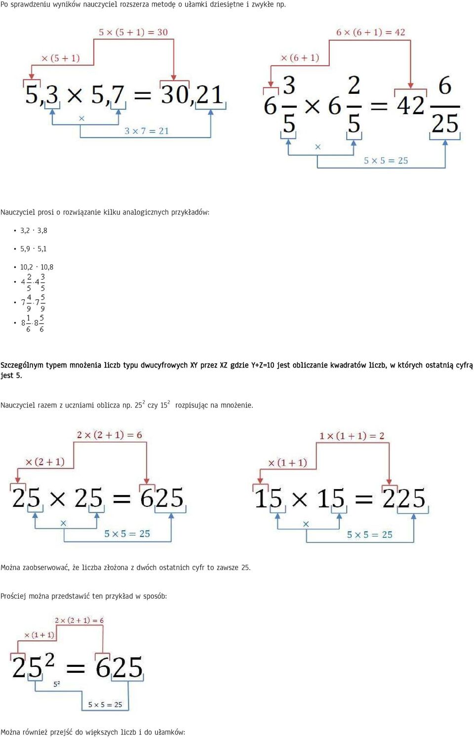 przez XZ gdzie Y+Z=10 jest obliczanie kwadratów liczb, w których ostatnią cyfrą jest 5. Nauczyciel razem z uczniami oblicza np.