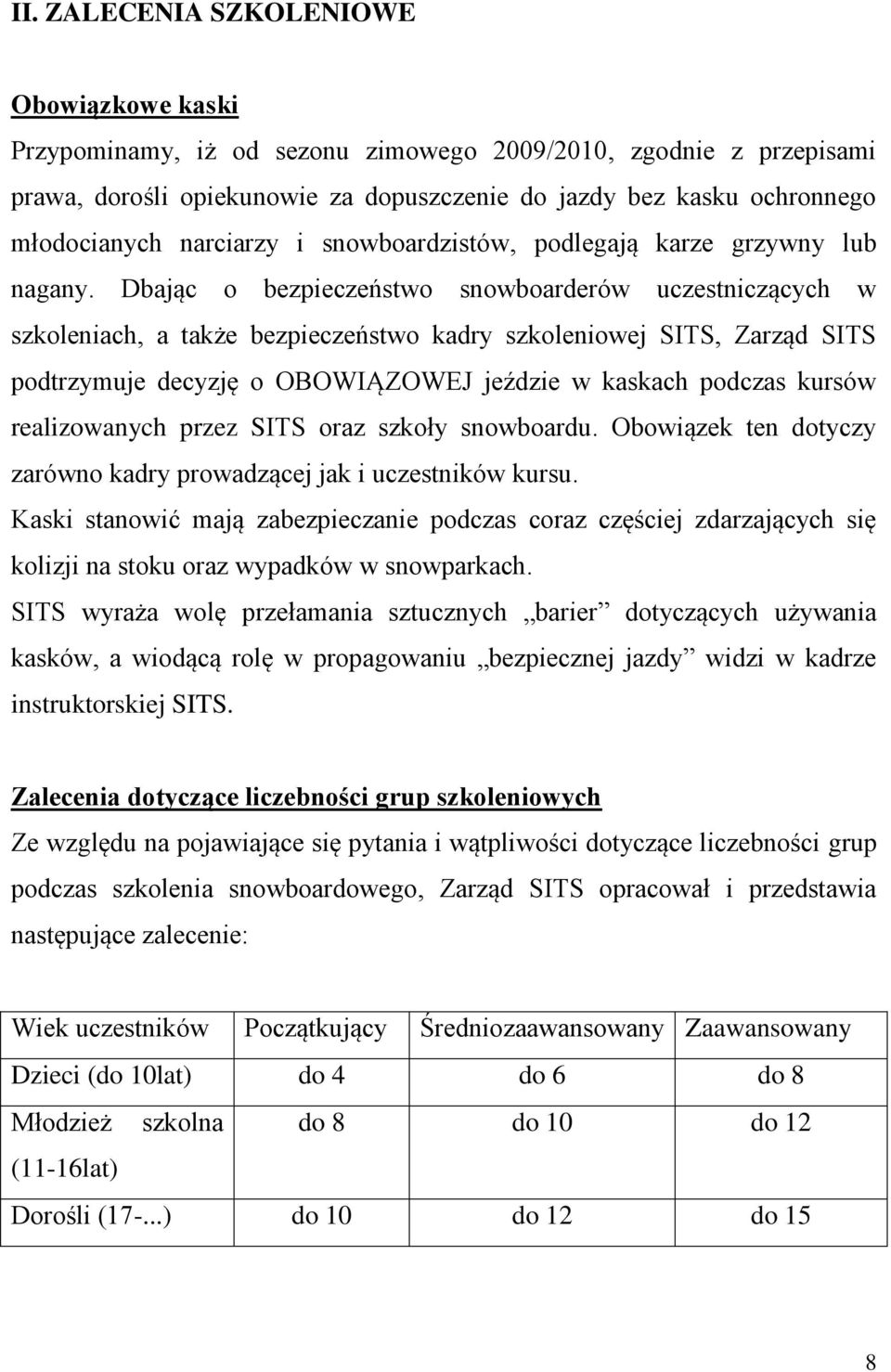 Dbając o bezpieczeństwo snowboarderów uczestniczących w szkoleniach, a także bezpieczeństwo kadry szkoleniowej SITS, Zarząd SITS podtrzymuje decyzję o OBOWIĄZOWEJ jeździe w kaskach podczas kursów