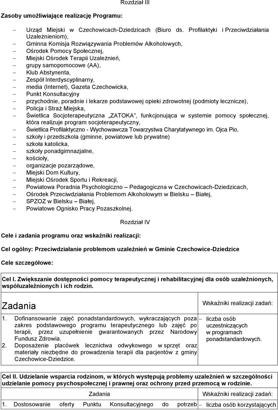 Abstynenta, Zespół Interdyscyplinarny, media (Internet), Gazeta Czechowicka, Punkt Konsultacyjny przychodnie, poradnie i lekarze podstawowej opieki zdrowotnej (podmioty lecznicze), Policja i Straż
