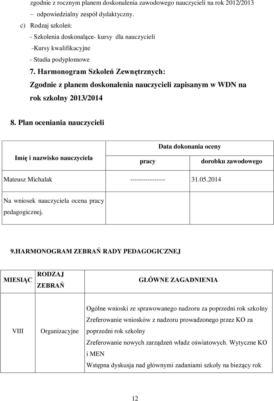 Harmonogram Szkoleń Zewnętrznych: Zgodnie z planem doskonalenia nauczycieli zapisanym w WDN na rok szkolny 2013/2014 8.