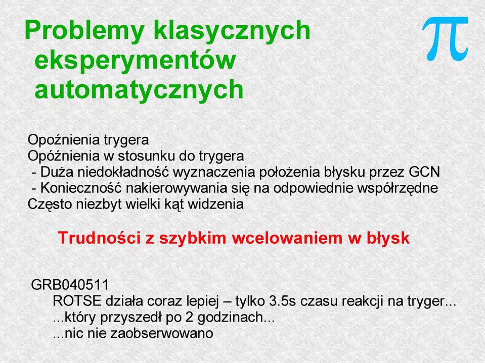 wsółrzędne Często niezbyt wielki kąt widzenia Trudności z szybkim wcelowaniem w błysk GRB040511 ROTSE