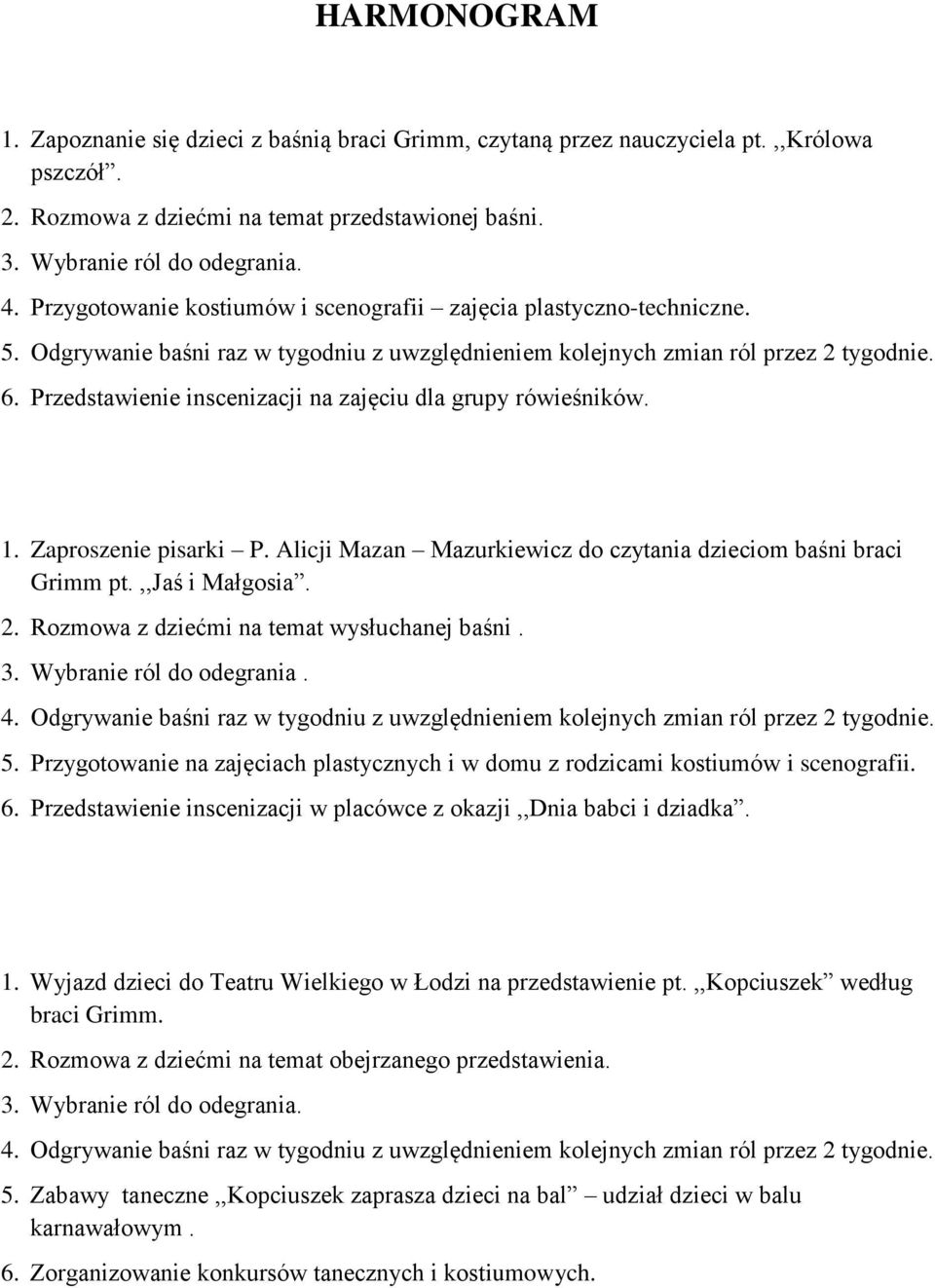 Przedstawienie inscenizacji na zajęciu dla grupy rówieśników. 1. Zaproszenie pisarki P. Alicji Mazan Mazurkiewicz do czytania dzieciom baśni braci Grimm pt.,,jaś i Małgosia. 2.