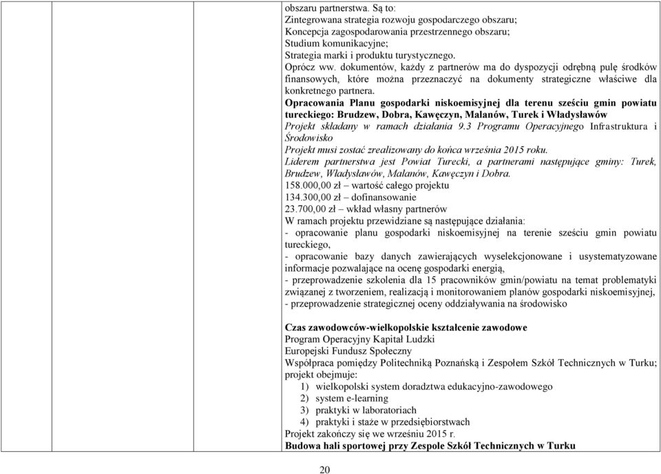 Opracowania Planu gospodarki niskoemisyjnej dla terenu sześciu gmin powiatu tureckiego: Brudzew, Dobra, Kawęczyn, Malanów, Turek i Władysławów Projekt składany w ramach działania 9.