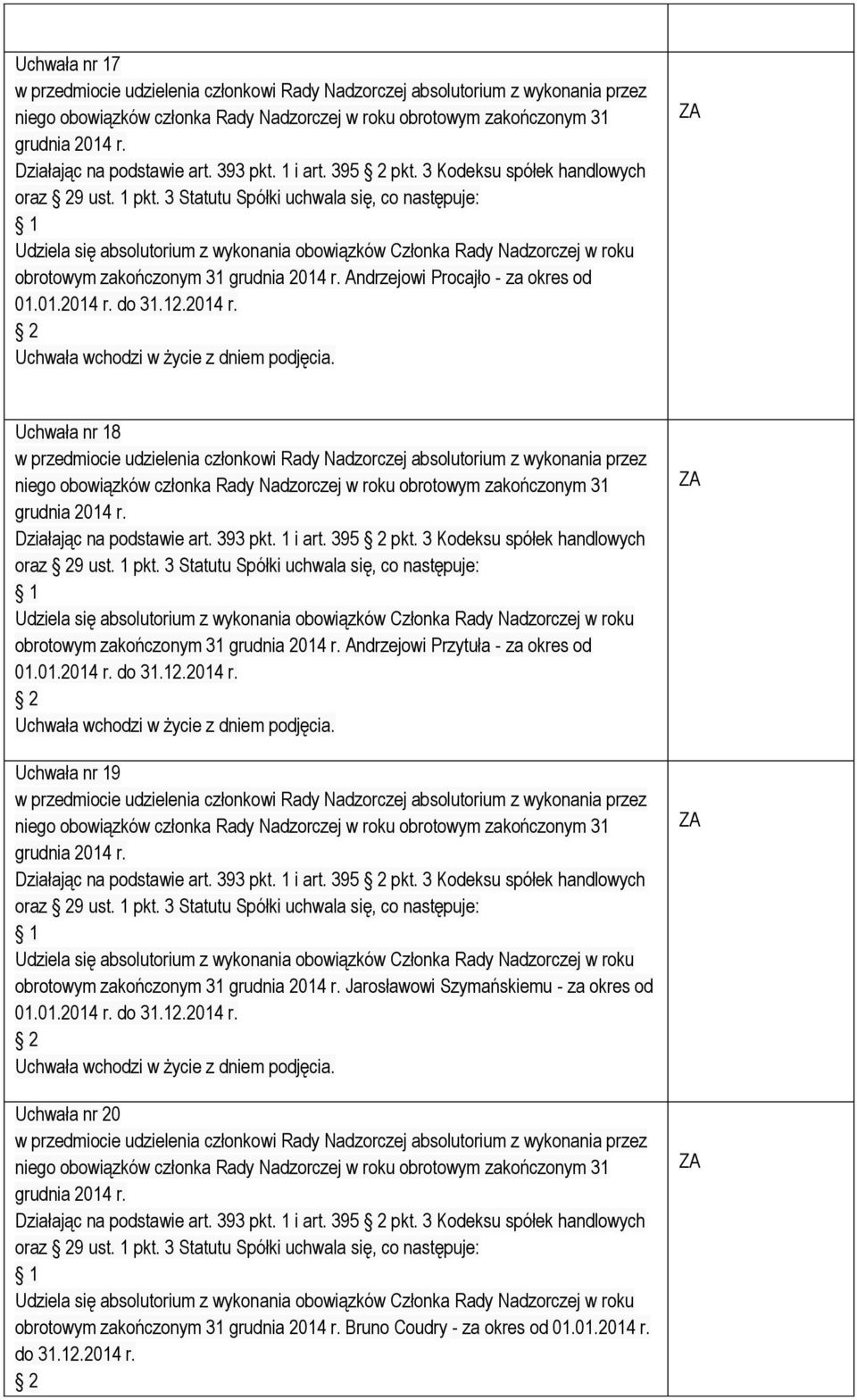 3 Kodeksu spółek handlowych oraz 9 ust. 1 pkt. 3 Statutu Spółki uchwala się, co następuje: obrotowym zakończonym 31 Andrzejowi Przytuła - za okres od Uchwała nr 19 Działając na podstawie art. 393 pkt.