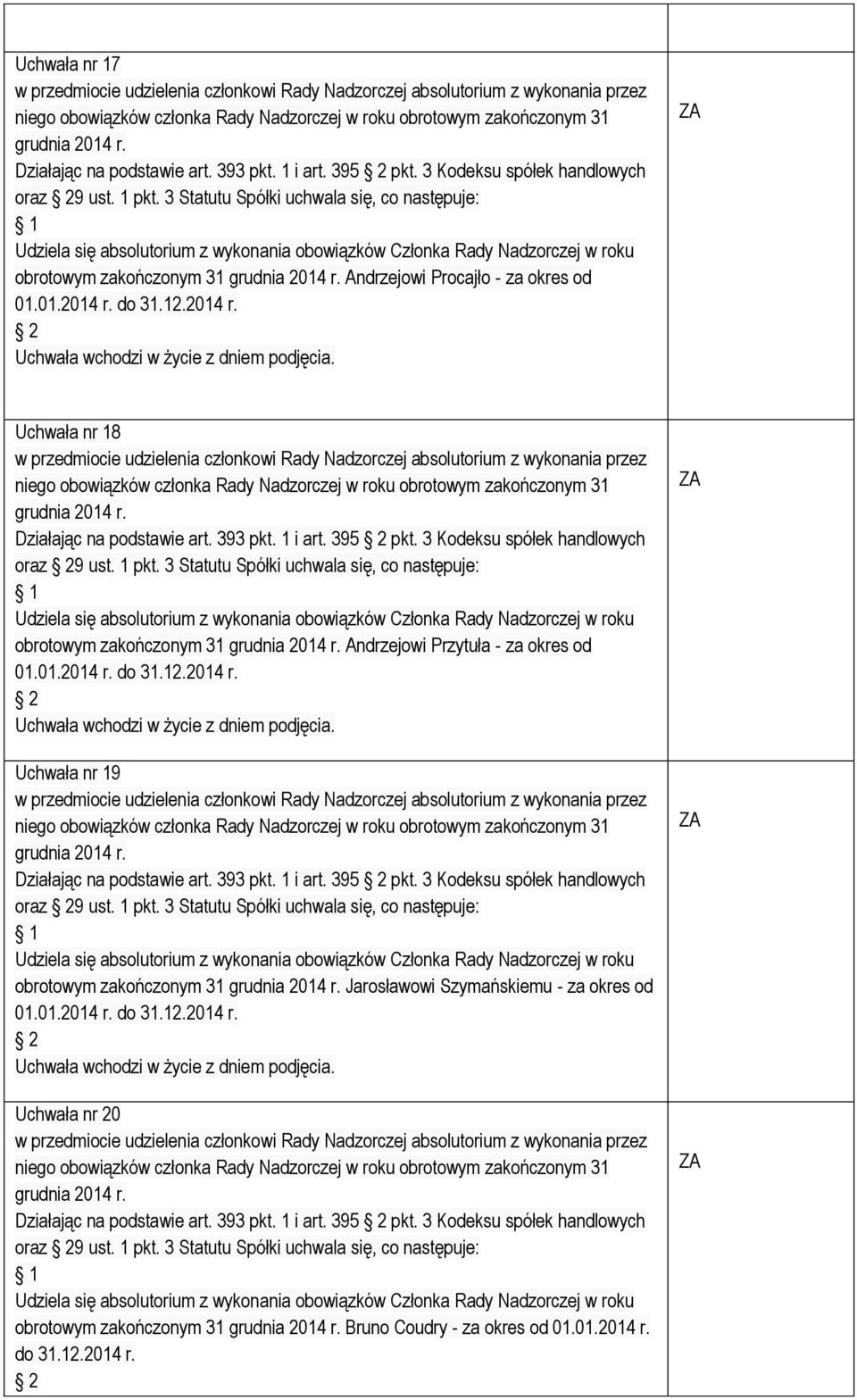 3 Kodeksu spółek handlowych oraz 9 ust. 1 pkt. 3 Statutu Spółki uchwala się, co następuje: obrotowym zakończonym 31 Andrzejowi Przytuła - za okres od Uchwała nr 19 Działając na podstawie art. 393 pkt.