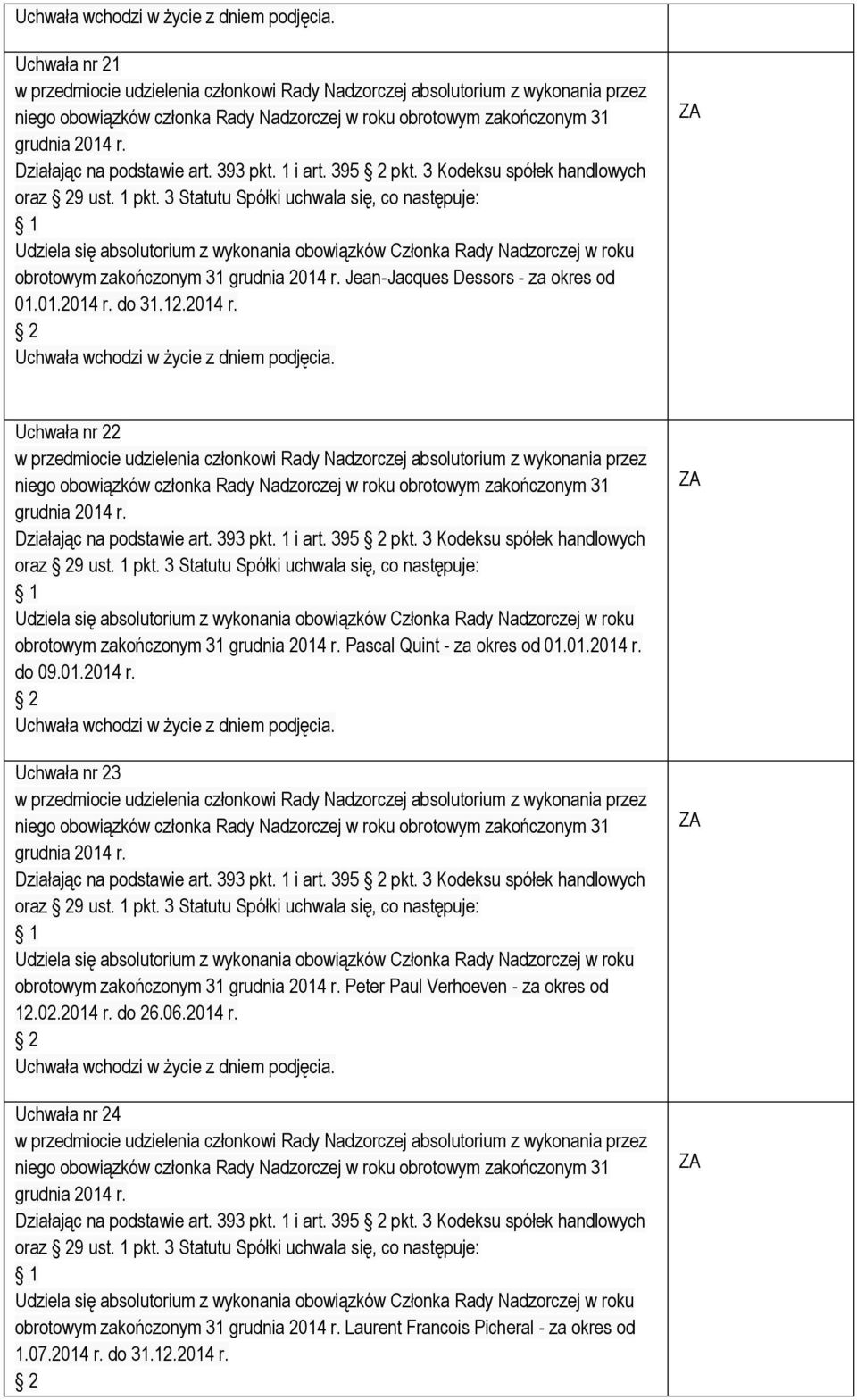 3 Kodeksu spółek handlowych oraz 9 ust. 1 pkt. 3 Statutu Spółki uchwala się, co następuje: obrotowym zakończonym 31 Pascal Quint - za okres od 01.01.2014 r. do 09.01.2014 r. Uchwała nr 23 Działając na podstawie art.