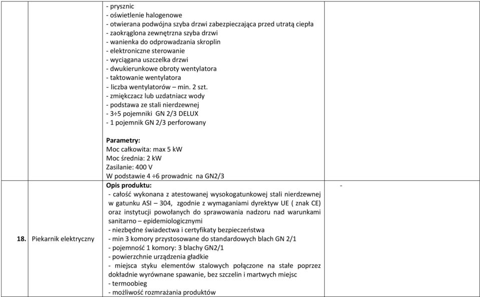 - zmiękczacz lub uzdatniacz wody - podstawa ze stali nierdzewnej - 3 5 pojemniki GN 2/3 DELUX - 1 pojemnik GN 2/3 perforowany Moc całkowita: max 5 kw Moc średnia: 2 kw Zasilanie: 400 V W podstawie 4