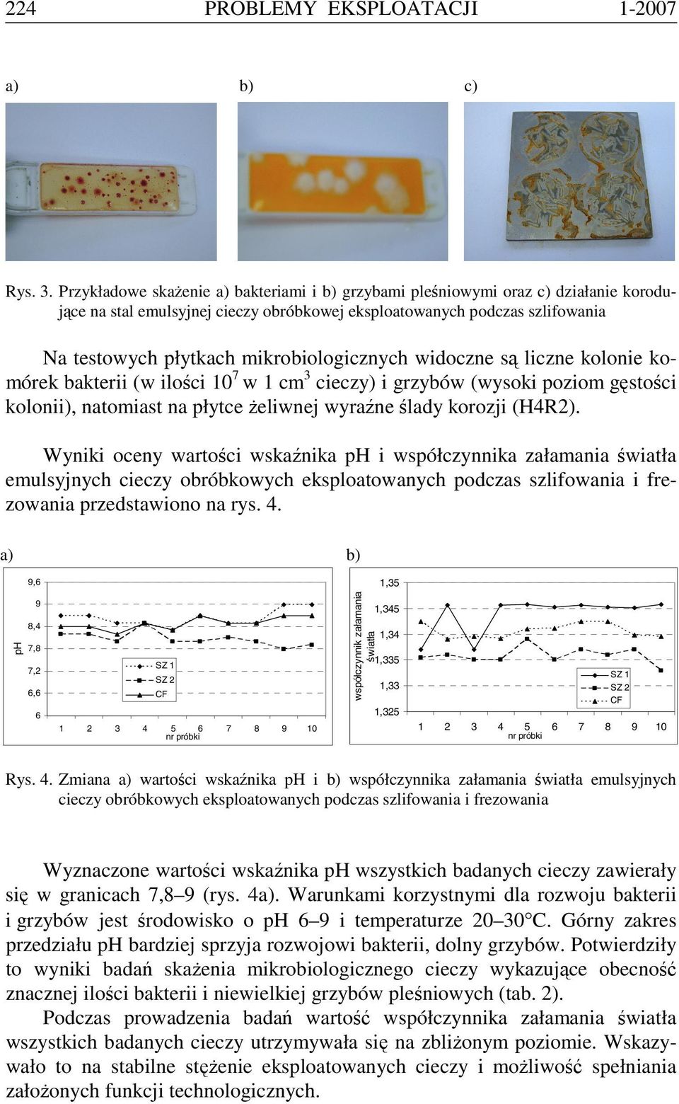 mikrobiologicznych widoczne są liczne kolonie komórek bakterii (w ilości 107 w 1 cm3 cieczy) i grzybów (wysoki poziom gęstości kolonii), natomiast na płytce żeliwnej wyraźne ślady korozji (H4R2).