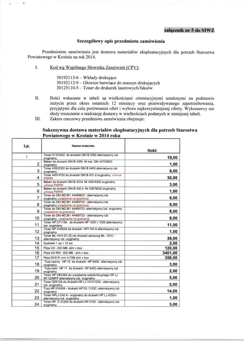 Ilości wskazane w tabeli są wielkościami orientacyjnymi ustalonymi na podstawie zużycia przez okres ostatnich 12 miesięcy oraz przewidywanego zapotrzebowania, przyjętymi dla celu porównania ofert i