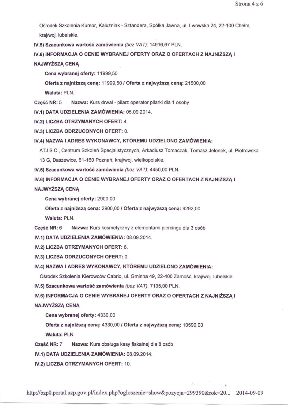 1) DATA UDZIELENIA ZAMÓWIENIA: 05.09.2014. IV.2) LICZBA OTRZYMANYCH OFERT: 4. ATJ S.C., Centrum Szkoleń Specjalistycznych, Arkadiusz Tomaczak, Tomasz Jelonek, ul.