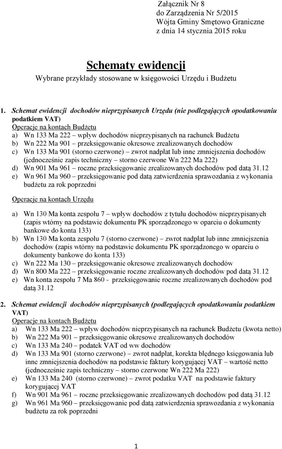 okresowe zrealizowanych dochodów c) Wn 133 Ma 901 (storno czerwone) zwrot nadpłat lub inne zmniejszenia dochodów (jednocześnie zapis techniczny storno czerwone Wn 222 Ma 222) d) Wn 901 Ma 961 roczne