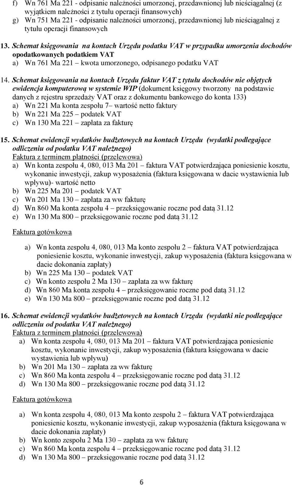 Schemat księgowania na kontach Urzędu podatku VAT w przypadku umorzenia dochodów opodatkowanych podatkiem VAT a) Wn 761 Ma 221 kwota umorzonego, odpisanego podatku VAT 14.