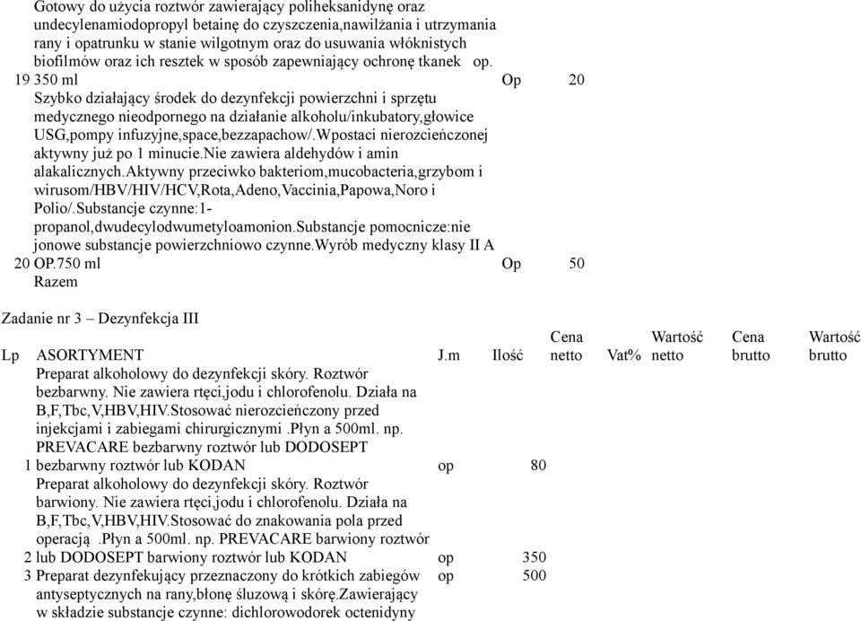 19 350 ml Op 20 Szybko działający środek do dezynfekcji powierzchni i sprzętu medycznego nieodpornego na działanie alkoholu/inkubatory,głowice USG,pompy infuzyjne,space,bezzapachow/.