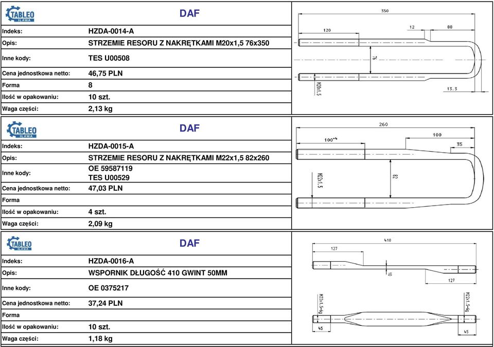 2,13 kg DAF HZDA-0015-A STRZEMIE RESORU Z NAKRĘTKAMI M22x1,5 82x260 OE