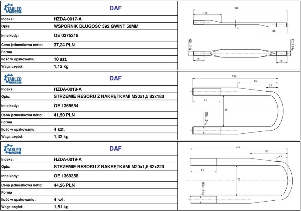 1,12 kg DAF HZDA-0018-A STRZEMIE RESORU Z NAKRĘTKAMI M20x1,5