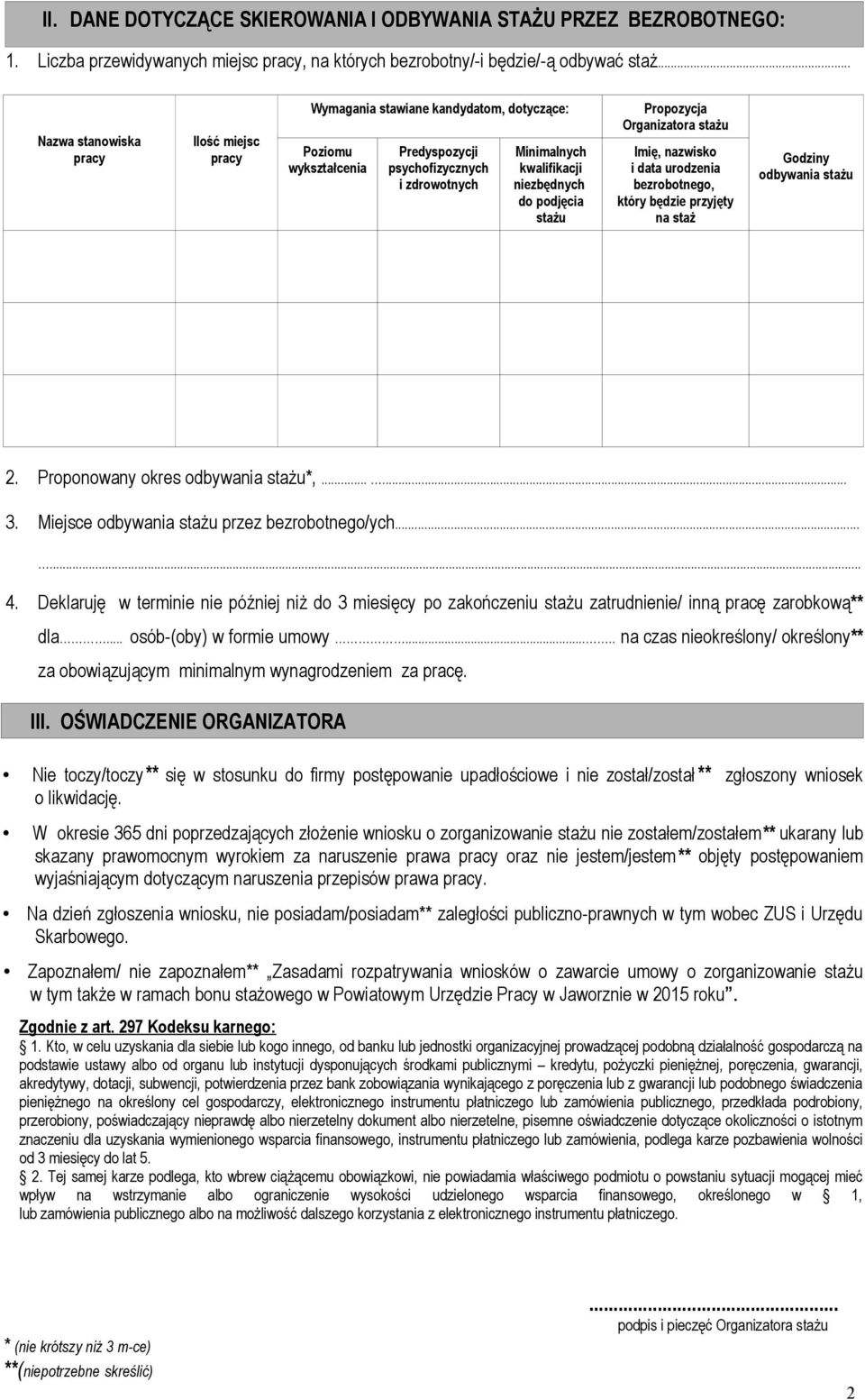 podjęcia stażu Propozycja Organizatora stażu Imię, nazwisko i data urodzenia bezrobotnego, który będzie przyjęty na staż Godziny odbywania stażu 2. Proponowany okres odbywania stażu*,...... 3.