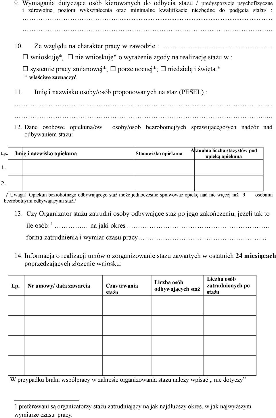 Imię i nazwisko osoby/osób proponowanych na staż (PESEL) :...... 12. Dane osobowe opiekuna/ów osoby/osób bezrobotnej/ych sprawującego/ych nadzór nad odbywaniem stażu: Lp.