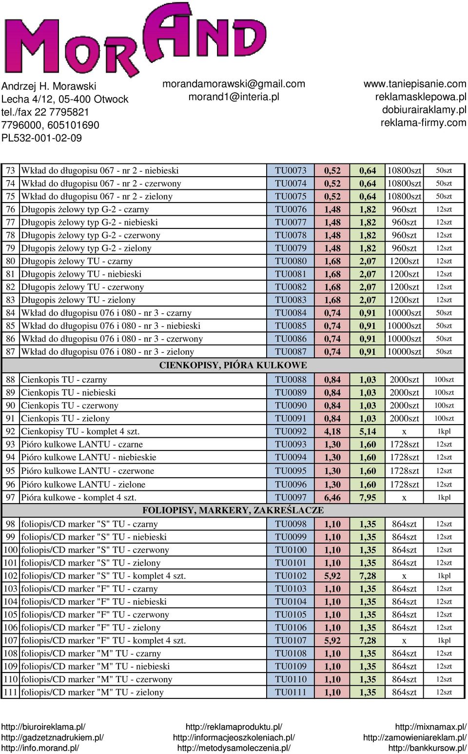 czerwony TU0078 1,48 1,82 960szt 12szt 79 Długopis żelowy typ G-2 - zielony TU0079 1,48 1,82 960szt 12szt 80 Długopis żelowy TU - czarny TU0080 1,68 2,07 1200szt 12szt 81 Długopis żelowy TU -
