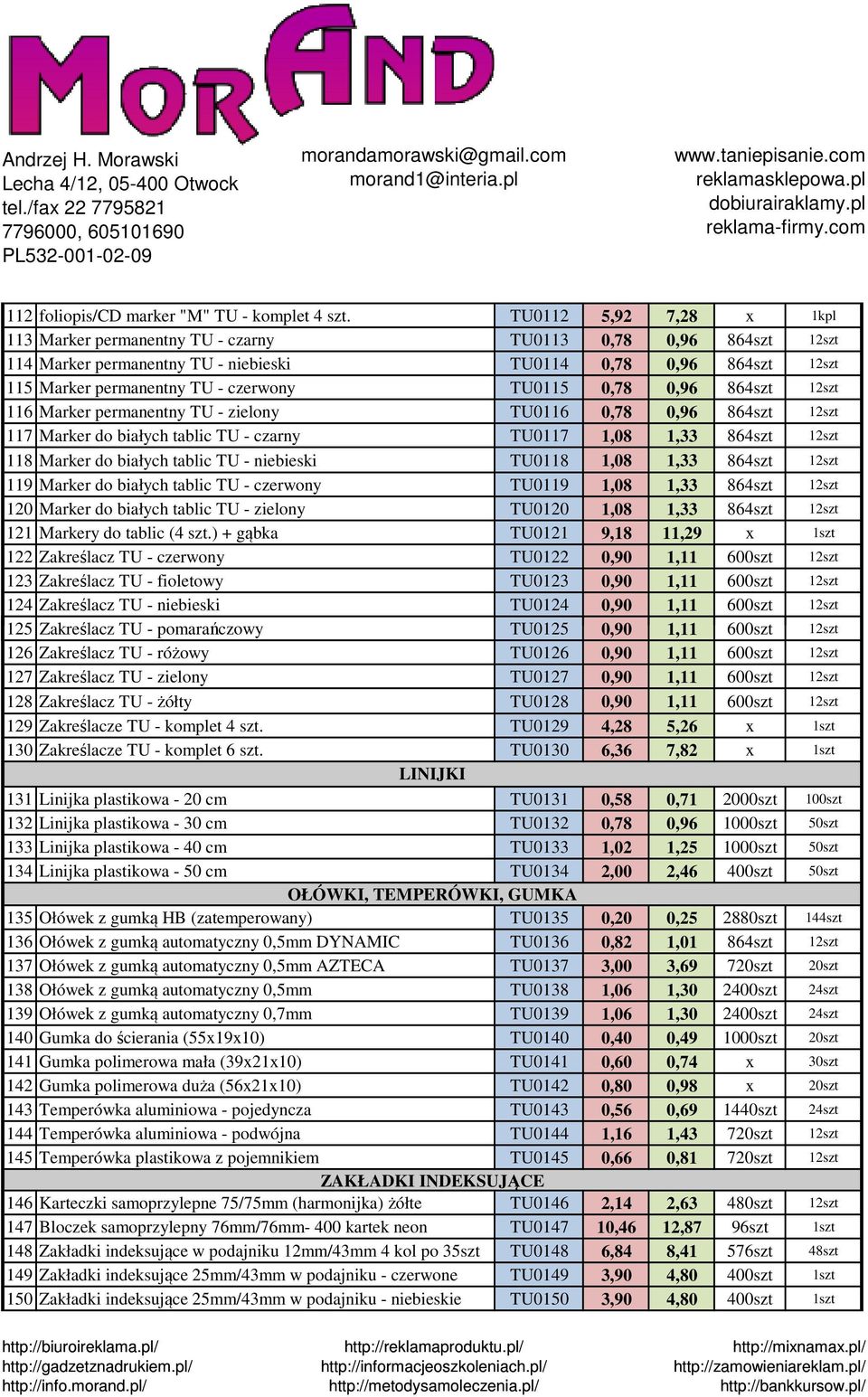 TU0115 0,78 0,96 864szt 12szt 116 Marker permanentny TU - zielony TU0116 0,78 0,96 864szt 12szt 117 Marker do białych tablic TU - czarny TU0117 1,08 1,33 864szt 12szt 118 Marker do białych tablic TU