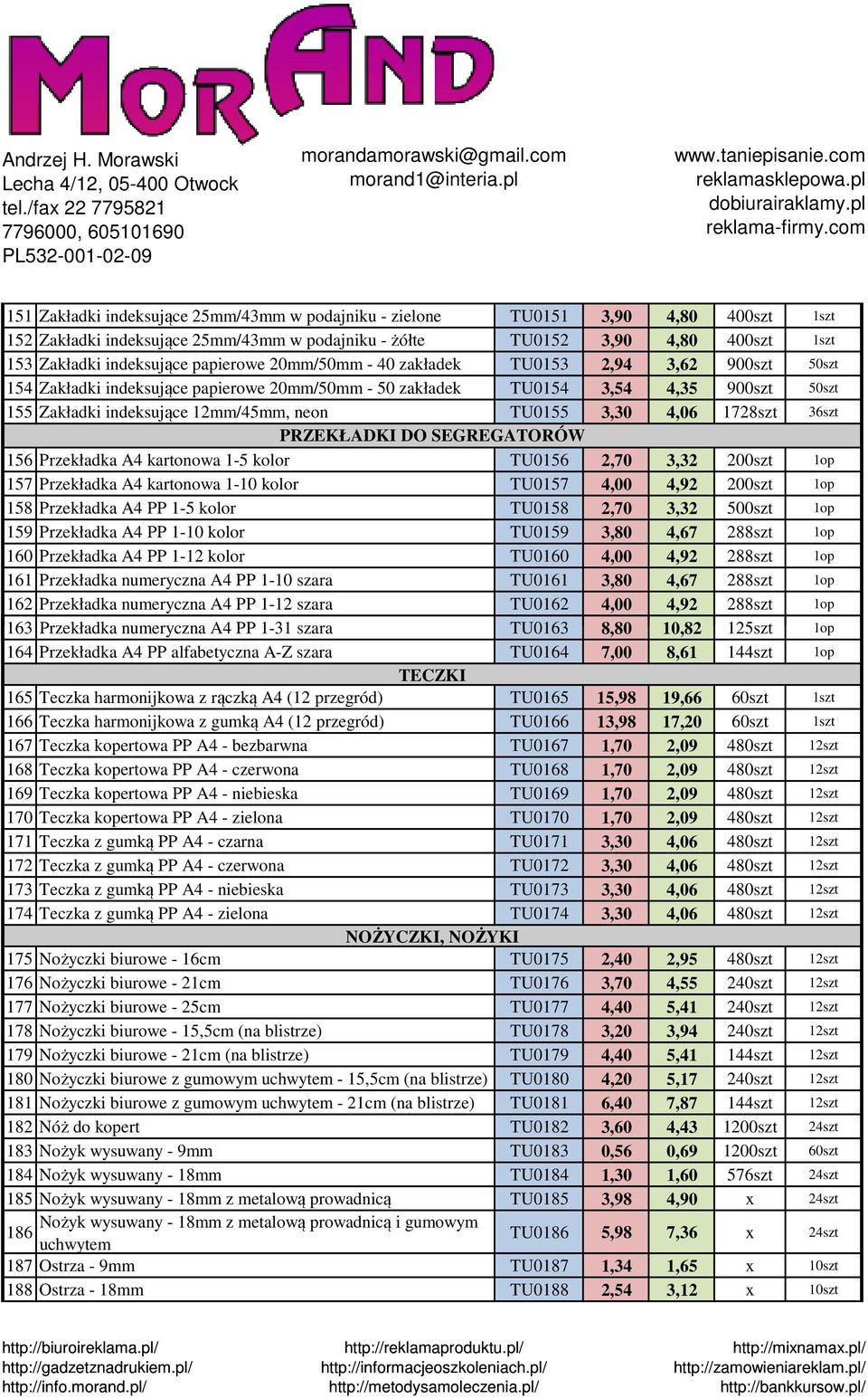 TU0155 3,30 4,06 1728szt 36szt PRZEKŁADKI DO SEGREGATORÓW 156 Przekładka A4 kartonowa 1-5 kolor TU0156 2,70 3,32 200szt 1op 157 Przekładka A4 kartonowa 1-10 kolor TU0157 4,00 4,92 200szt 1op 158