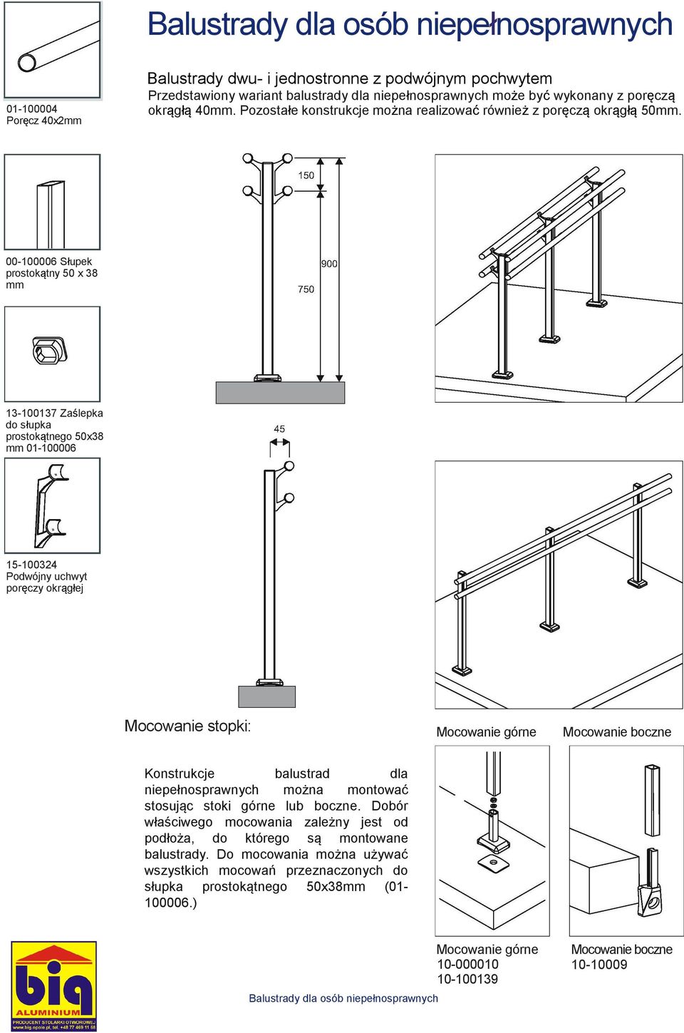 00-100006 Słupek prostokątny 50 x 38 mm 13-100137 Zaślepka do słupka prostokątnego 50x38 mm 01-100006 15-100324 Podwójny uchwyt poręczy okrągłej Mocowanie stopki: Mocowanie górne Mocowanie boczne