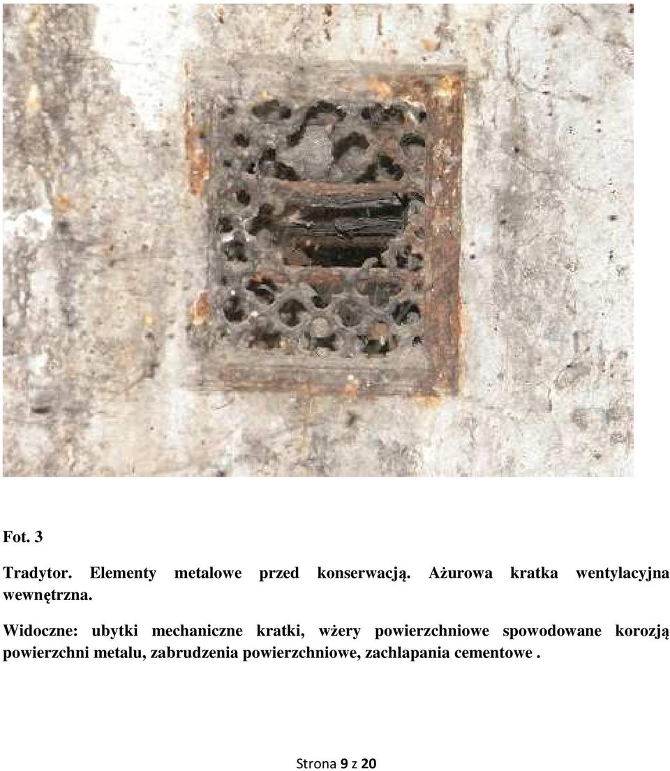 Widoczne: ubytki mechaniczne kratki, wżery powierzchniowe
