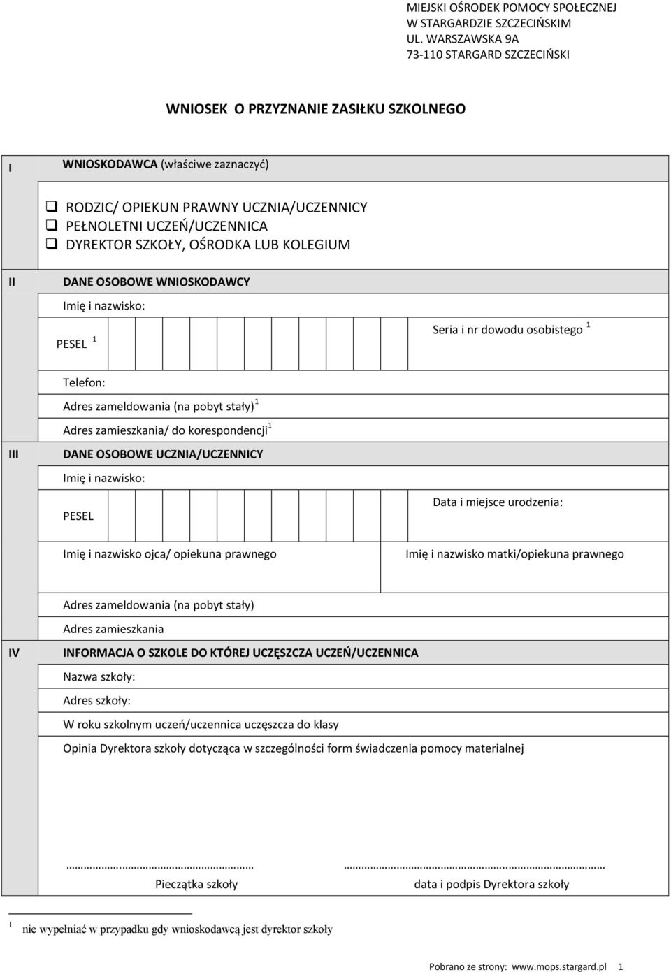 OŚRODKA LUB KOLEGIUM II DANE OSOBOWE WNIOSKODAWCY Imię i nazwisko: PESEL Seria i nr dowodu osobistego Telefon: Adres zameldowania (na pobyt stały) Adres zamieszkania/ do korespondencji III DANE