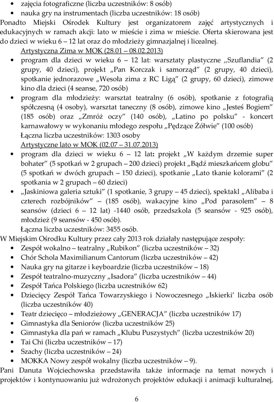 2013) program dla dzieci w wieku 6 12 lat: warsztaty plastyczne,,szuflandia (2 grupy, 40 dzieci), projekt Pan Korczak i samorząd (2 grupy, 40 dzieci), spotkanie jednorazowe Wesoła zima z RC Ligą (2