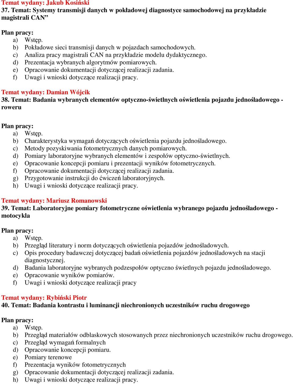 f) Uwagi i wnioski dotyczące realizacji pracy. Temat wydany: Damian Wójcik 38.