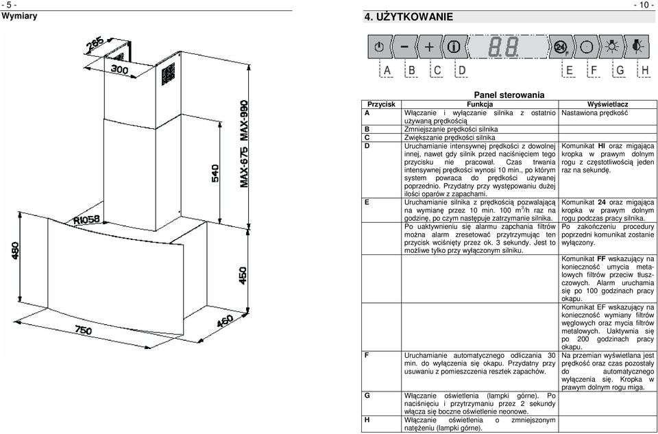 prędkości silnika D Uruchamianie intensywnej prędkości z dowolnej innej, nawet gdy silnik przed naciśnięciem tego przycisku nie pracował. Czas trwania intensywnej prędkości wynosi 10 min.