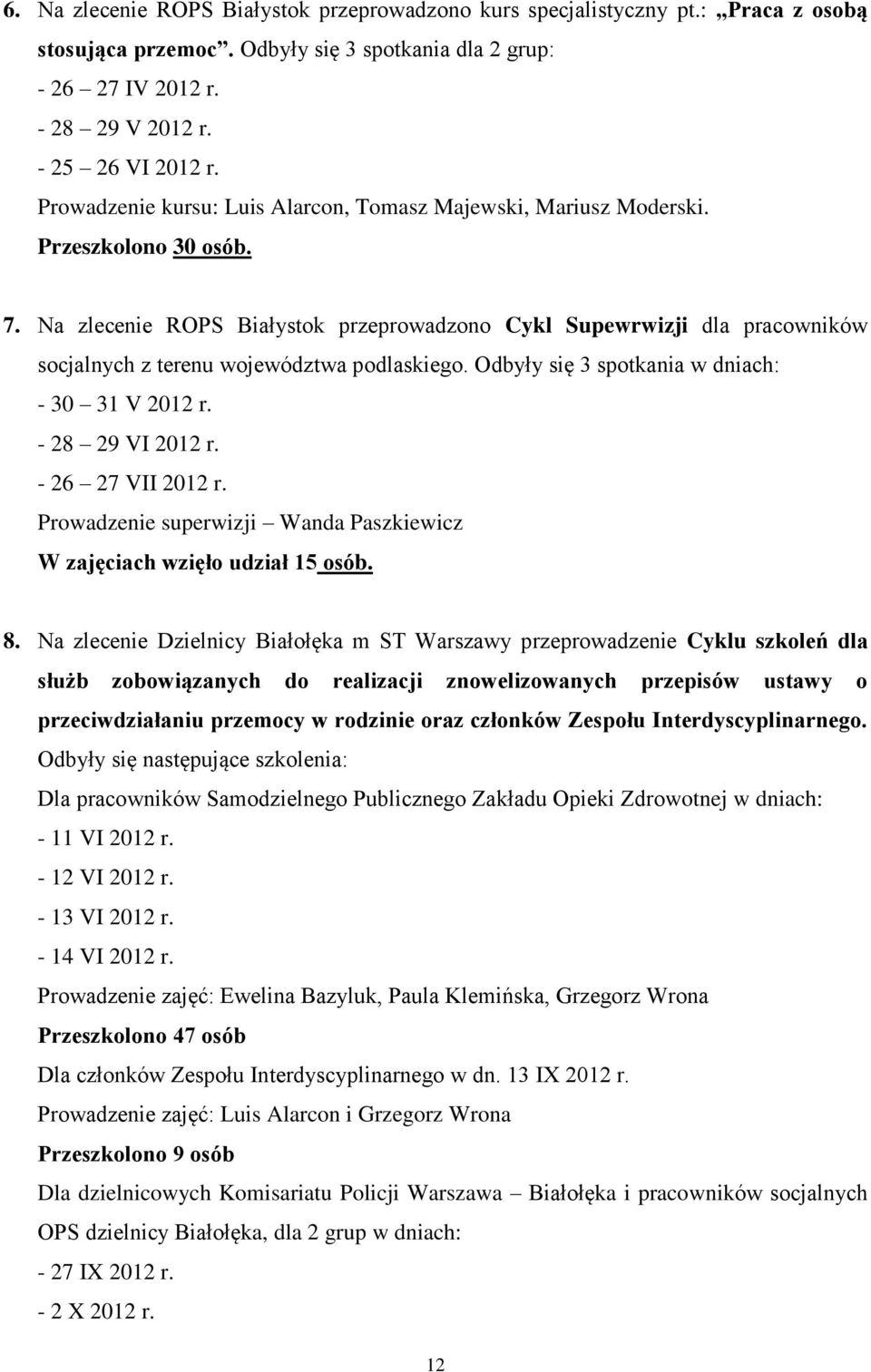 Na zlecenie ROPS Białystok przeprowadzono Cykl Supewrwizji dla pracowników socjalnych z terenu województwa podlaskiego. Odbyły się 3 spotkania w dniach: - 30 31 V 2012 r. - 28 29 VI 2012 r.