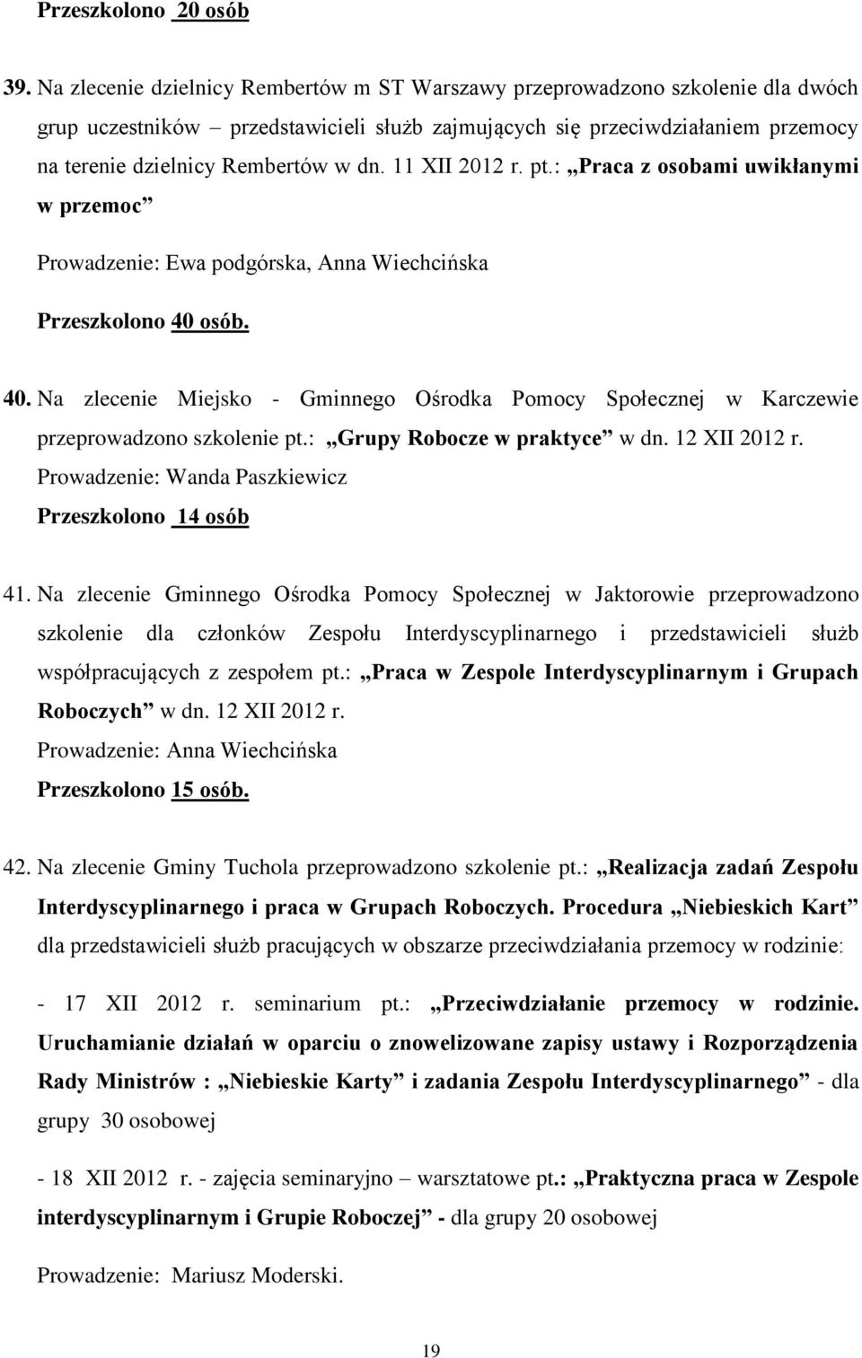 11 XII 2012 r. pt.: Praca z osobami uwikłanymi w przemoc Prowadzenie: Ewa podgórska, Anna Wiechcińska Przeszkolono 40 