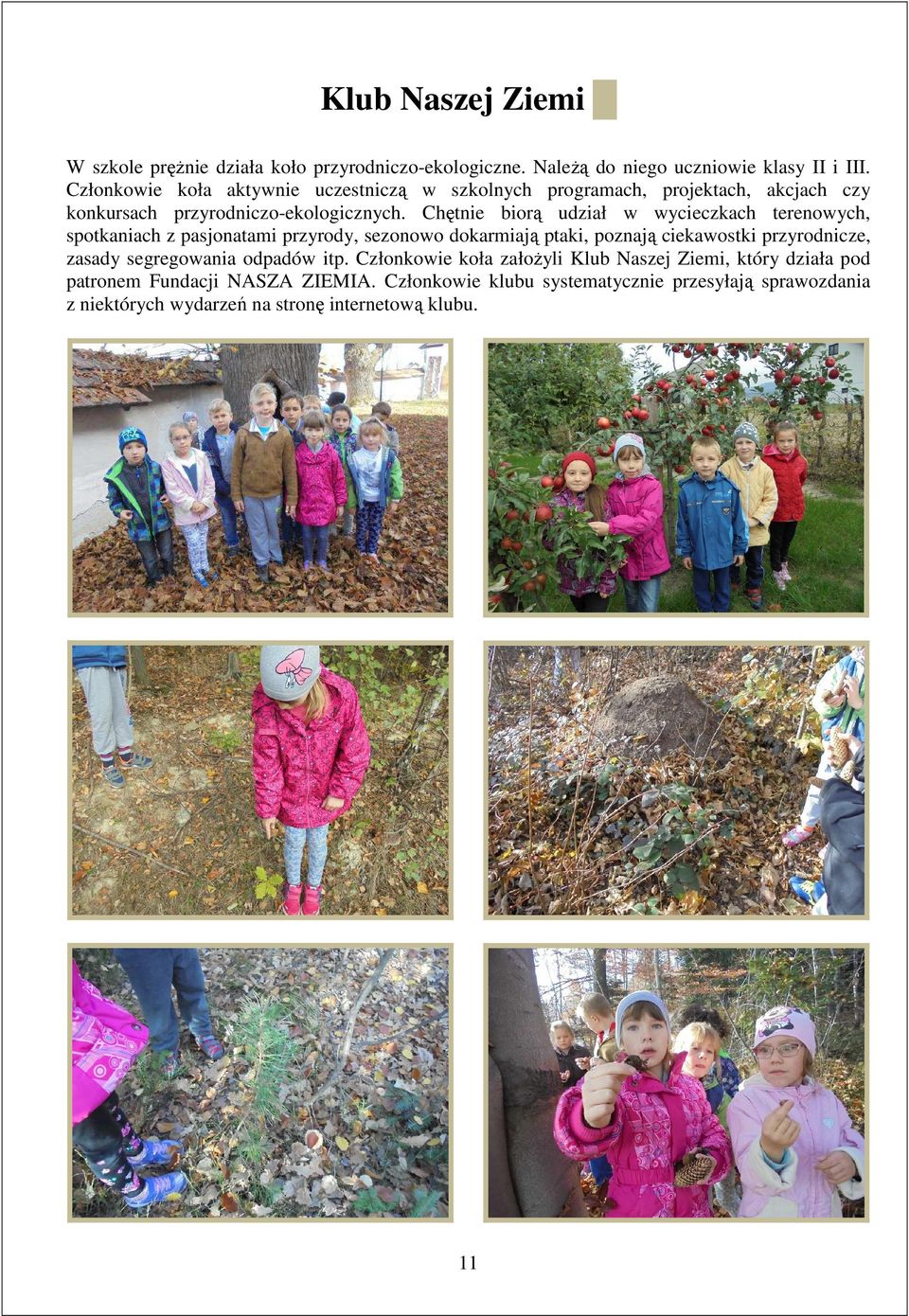 Chętnie biorą udział w wycieczkach terenowych, spotkaniach z pasjonatami przyrody, sezonowo dokarmiają ptaki, poznają ciekawostki przyrodnicze, zasady