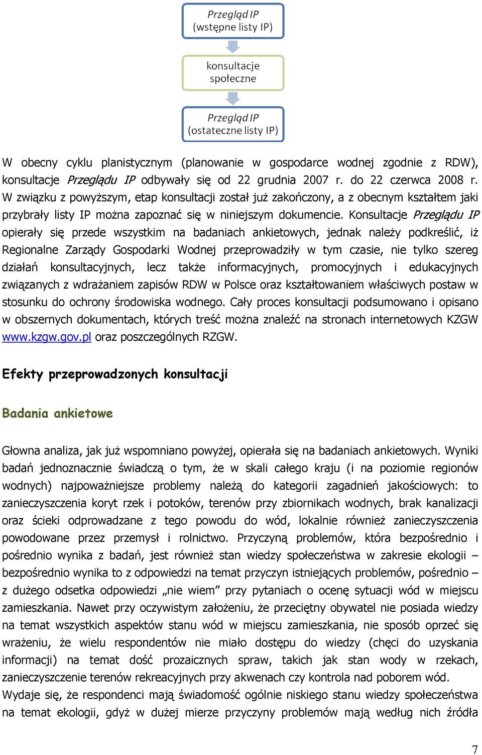 Konsultacje Przeglądu IP opierały się przede wszystkim na badaniach ankietowych, jednak należy podkreślić, iż Regionalne Zarządy Gospodarki Wodnej przeprowadziły w tym czasie, nie tylko szereg