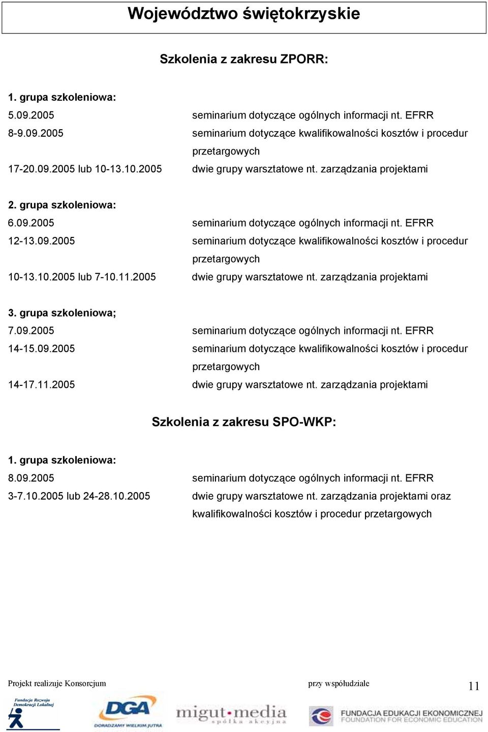 10.2005 lub 7-10.11.2005 dwie grupy warsztatowe nt. zarządzania projektami 3. grupa szkoleniowa; 7.09.2005 seminarium dotyczące ogólnych informacji nt. EFRR 14-15.09.2005 seminarium dotyczące kwalifikowalności kosztów i procedur 14-17.