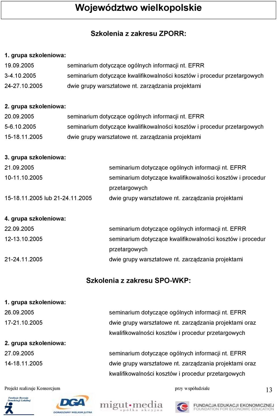 zarządzania projektami 21.09.2005 seminarium dotyczące ogólnych informacji nt. EFRR 10-11.10.2005 seminarium dotyczące kwalifikowalności kosztów i procedur 15-18.11.2005 lub 21-24.11.2005 dwie grupy warsztatowe nt.