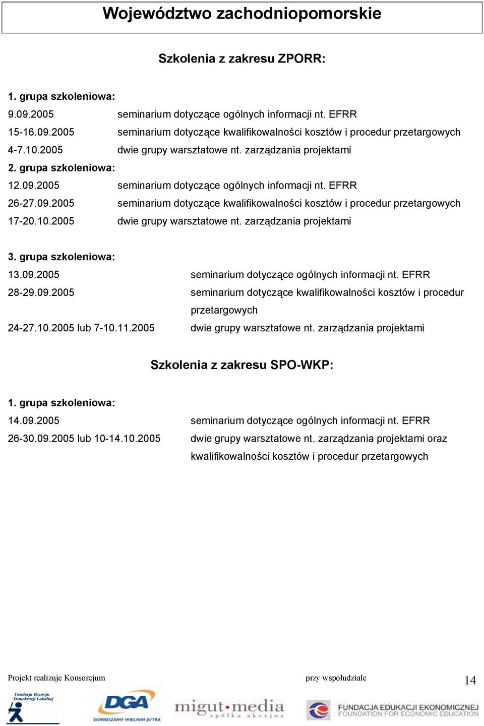 2005 dwie grupy warsztatowe nt. zarządzania projektami 13.09.2005 seminarium dotyczące ogólnych informacji nt. EFRR 28-29.09.2005 seminarium dotyczące kwalifikowalności kosztów i procedur 24-27.10.