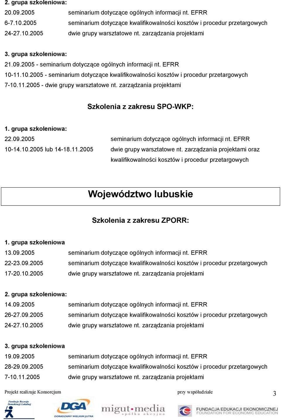 zarządzania projektami 22.09.2005 seminarium dotyczące ogólnych informacji nt. EFRR 10-14.10.2005 lub 14-18.11.2005 dwie grupy warsztatowe nt.