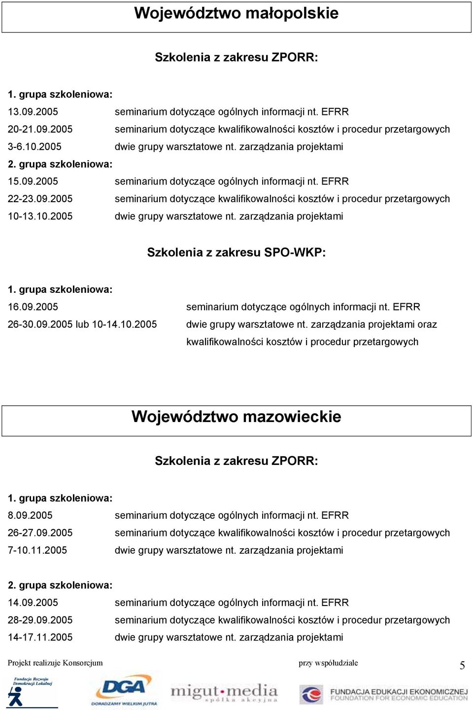 zarządzania projektami 16.09.2005 seminarium dotyczące ogólnych informacji nt. EFRR 26-30.09.2005 lub 10-14.10.2005 dwie grupy warsztatowe nt.