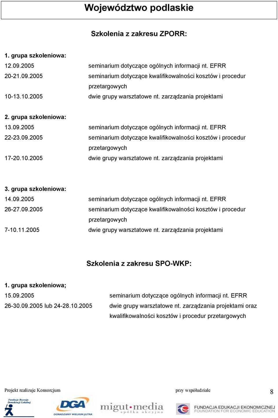 zarządzania projektami 14.09.2005 seminarium dotyczące ogólnych informacji nt. EFRR 26-27.09.2005 seminarium dotyczące kwalifikowalności kosztów i procedur 7-10.11.2005 dwie grupy warsztatowe nt.