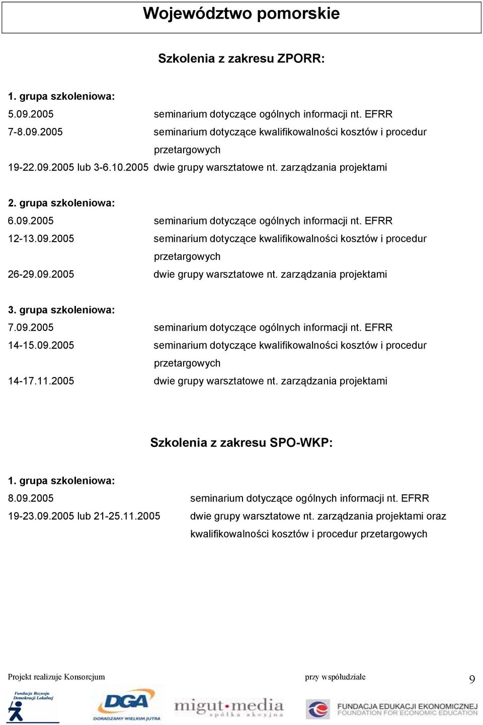 09.2005 seminarium dotyczące ogólnych informacji nt. EFRR 14-15.09.2005 seminarium dotyczące kwalifikowalności kosztów i procedur 14-17.11.2005 dwie grupy warsztatowe nt. zarządzania projektami 8.09.2005 seminarium dotyczące ogólnych informacji nt. EFRR 19-23.