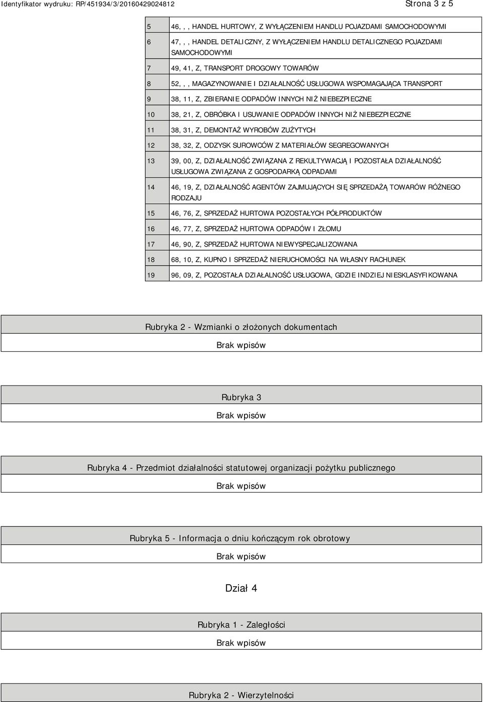 11 38, 31, Z, DEMONTAŻ WYROBÓW ZUŻYTYCH 12 38, 32, Z, ODZYSK SUROWCÓW Z MATERIAŁÓW SEGREGOWANYCH 13 39, 00, Z, DZIAŁALNOŚĆ ZWIĄZANA Z REKULTYWACJĄ I POZOSTAŁA DZIAŁALNOŚĆ USŁUGOWA ZWIĄZANA Z
