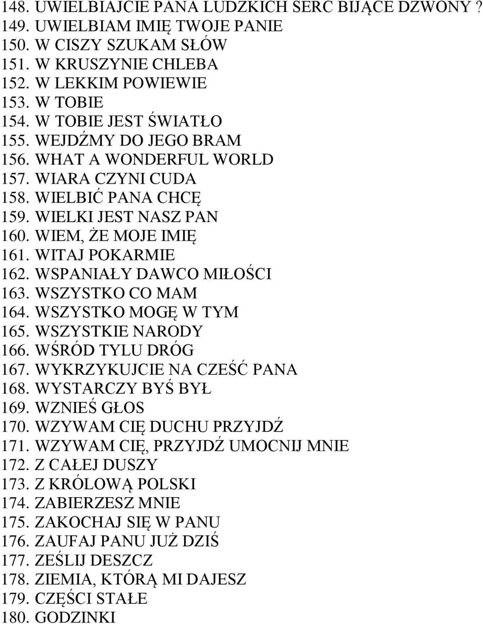 WSZYSTKO CO MAM 164. WSZYSTKO MOGĘ W TYM 165. WSZYSTKIE NARODY 166. WŚRÓD TYLU DRÓG 167. WYKRZYKUJCIE NA CZEŚĆ PANA 168. WYSTARCZY BYŚ BYŁ 169. WZNIEŚ GŁOS 170. WZYWAM CIĘ DUCHU PRZYJDŹ 171.